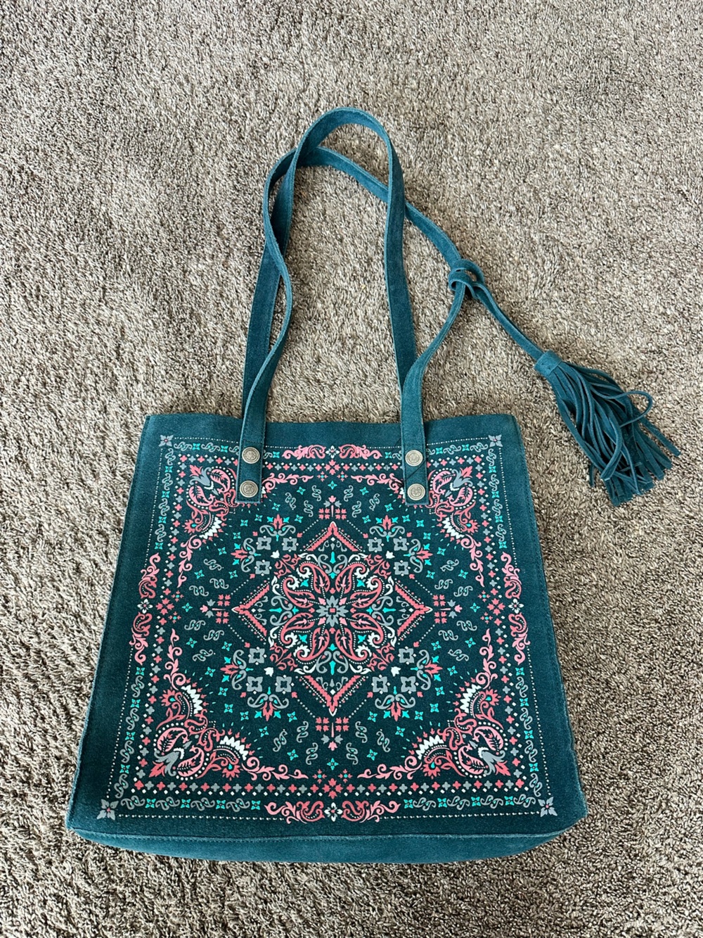 Scully Leather Bandana Bliss Teal Blue Suede Printed Western Tote Bag Tassel